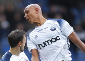 Ayo Simon Okosun (Vendsyssel 8) under NordicBet Liga-kampen mellem SønderjyskE og Vendsyssel FF på Sydbank Park i Haderslev torsdag den 18. april 2024.