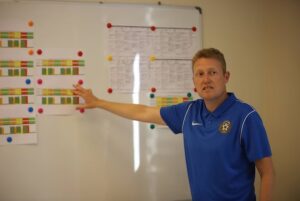 Lars Vind peger på en taktiktavle.