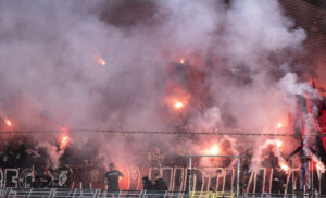 FC Midtjyllands fans brænder romerlys af i superligakampen mellem AaB og FC Midtjylland på Aalborg Portland Park, søndag den 9. marts 2025.