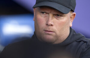 Randers FCs cheftræner Rasmus Bertelsen under superligakampen mellem Randers FC og Brøndby IF i mesterskabsspillet på Cepheus Park i Randers fredag den 25. april 2025.