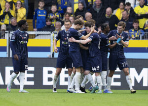Randers FCs Nikolas Dyhr under superligakampen mellem Brøndby IF og Randers FC på Brøndby Stadion mandag den 21. april 2025.