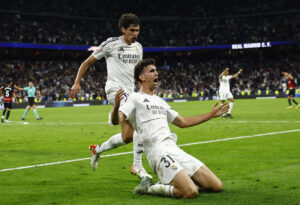 Jesús Vallejo jubler over Real madrid scoring.