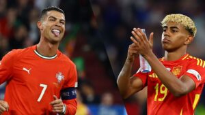 Lamine Yamal klapper ud til publikum efter en kamp for Spanien - Ronaldo rækker tunge under en kamp for Portugal.