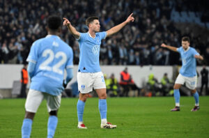 Malmö FF fejrer en scoring i Europa League.