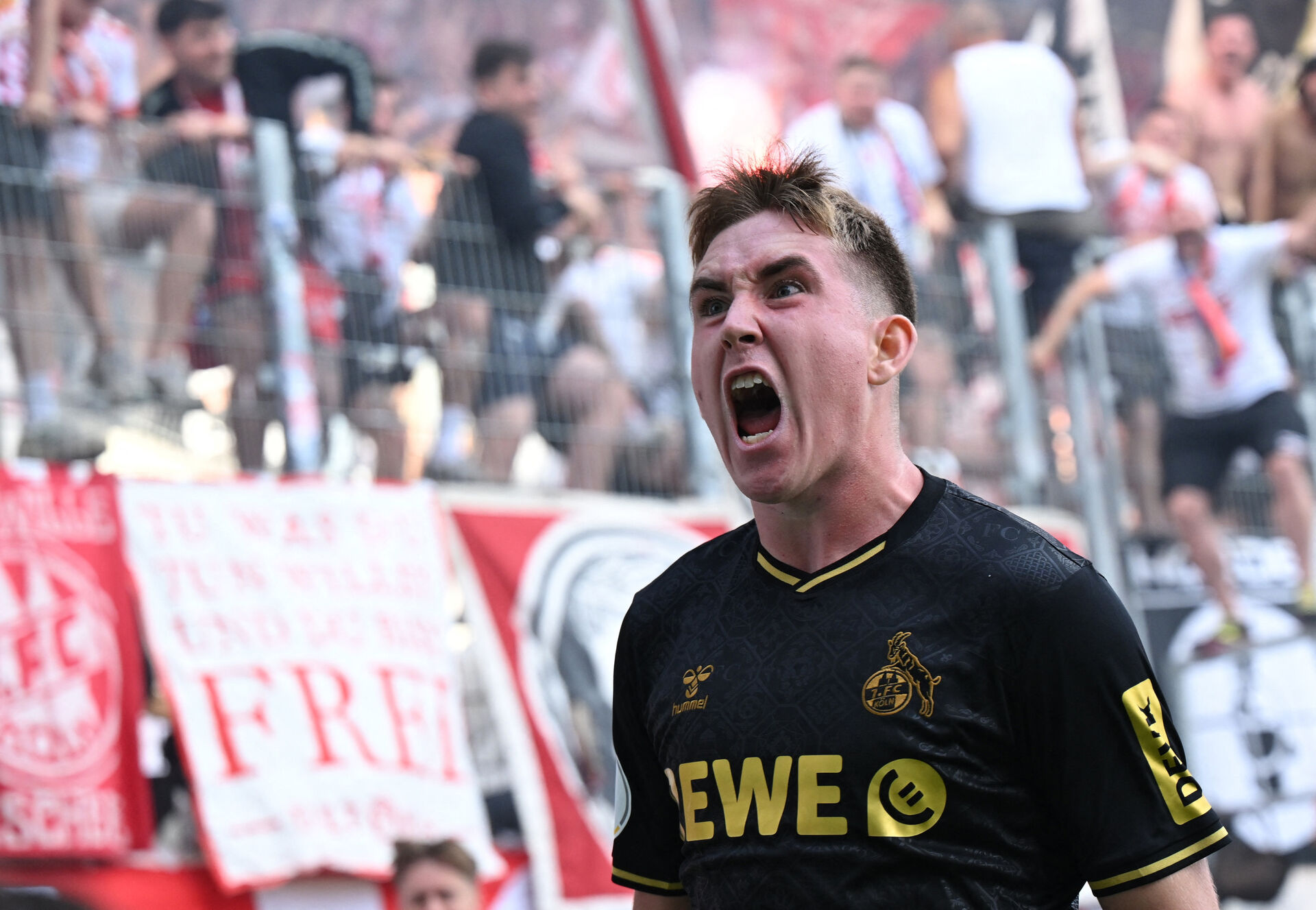 Isak Johannesson fejrer en scoring for FC Köln