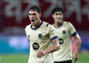 Andreas Christensen råber under en kamp for FC Barcelona