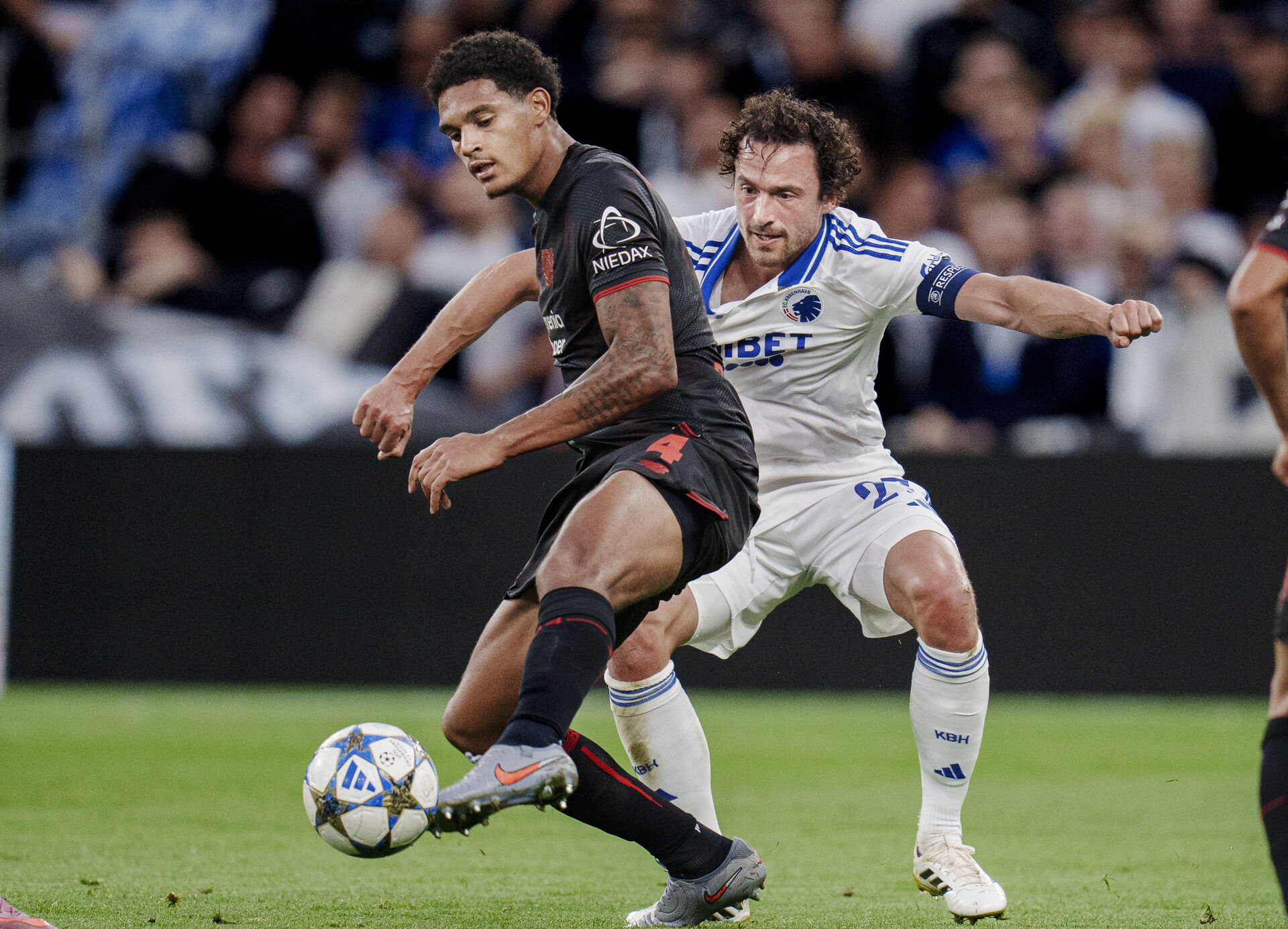Thomas Delaney bliver puffet ned af Jarrell Quansah i Champions League-kampen mellem FC København og Bayer 04 Leverkusen