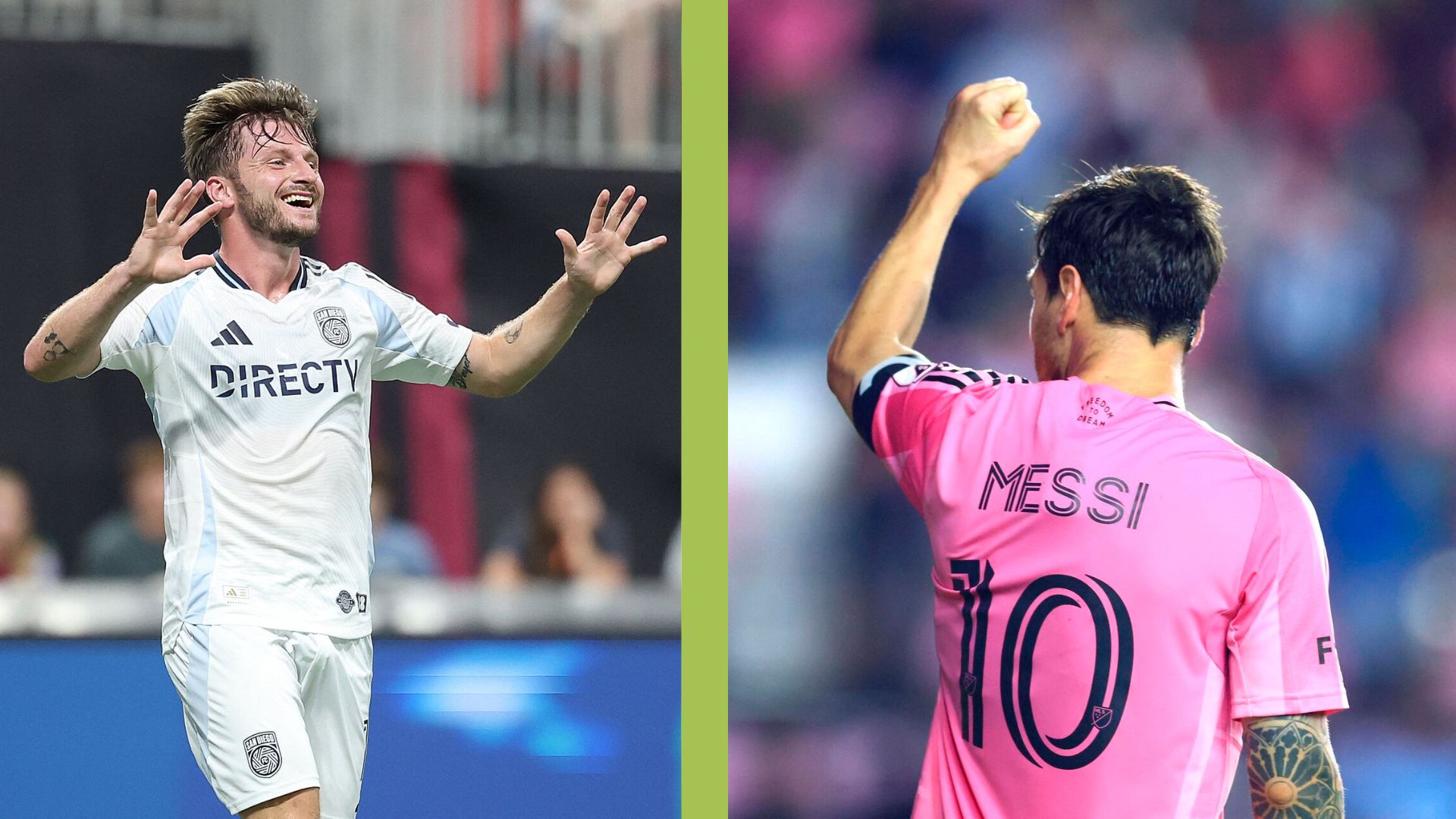 Lionel Messi i Inter Miami løfter armen og Anders Dreyer fejrer en scoring for San Diego FC