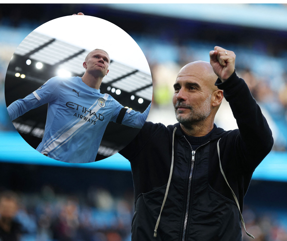 Pep Guardiola og Erling Haaland jubler.