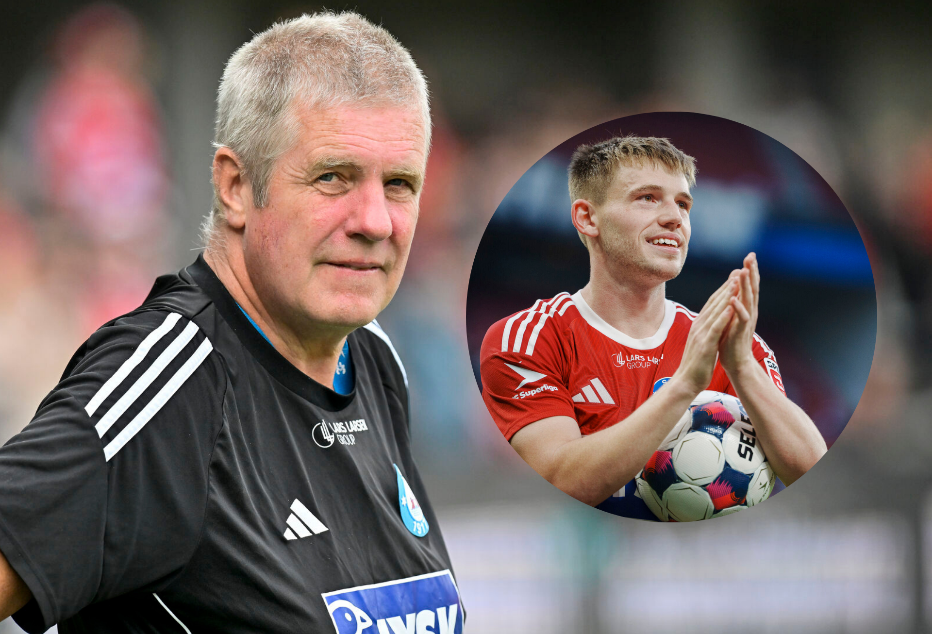 Kent Nielsen kigger og Callum McCowatt klapper med bolden under armen.