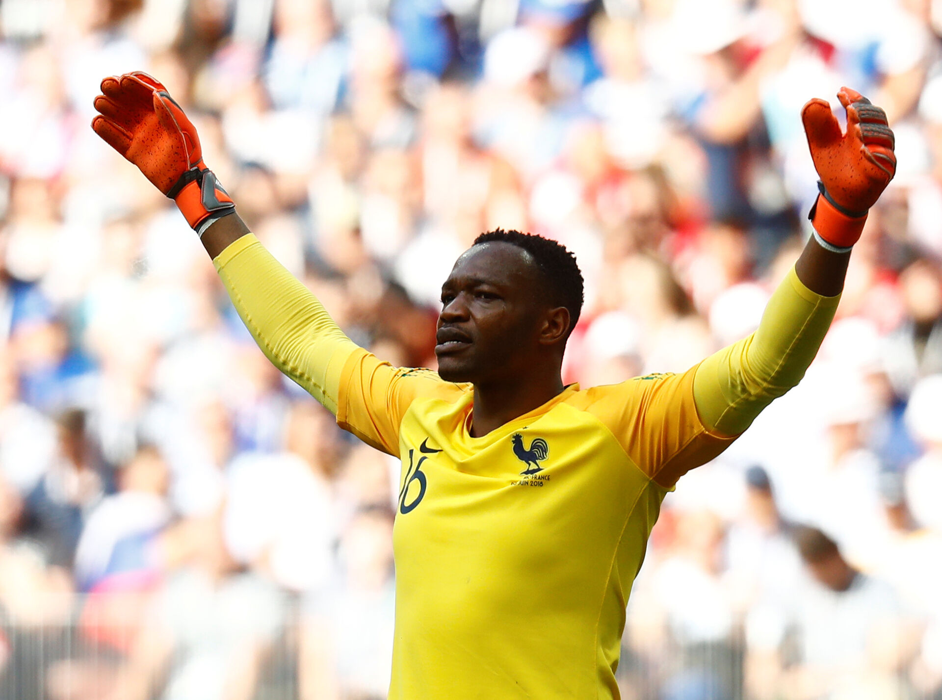 Steve Mandanda med hænderne.