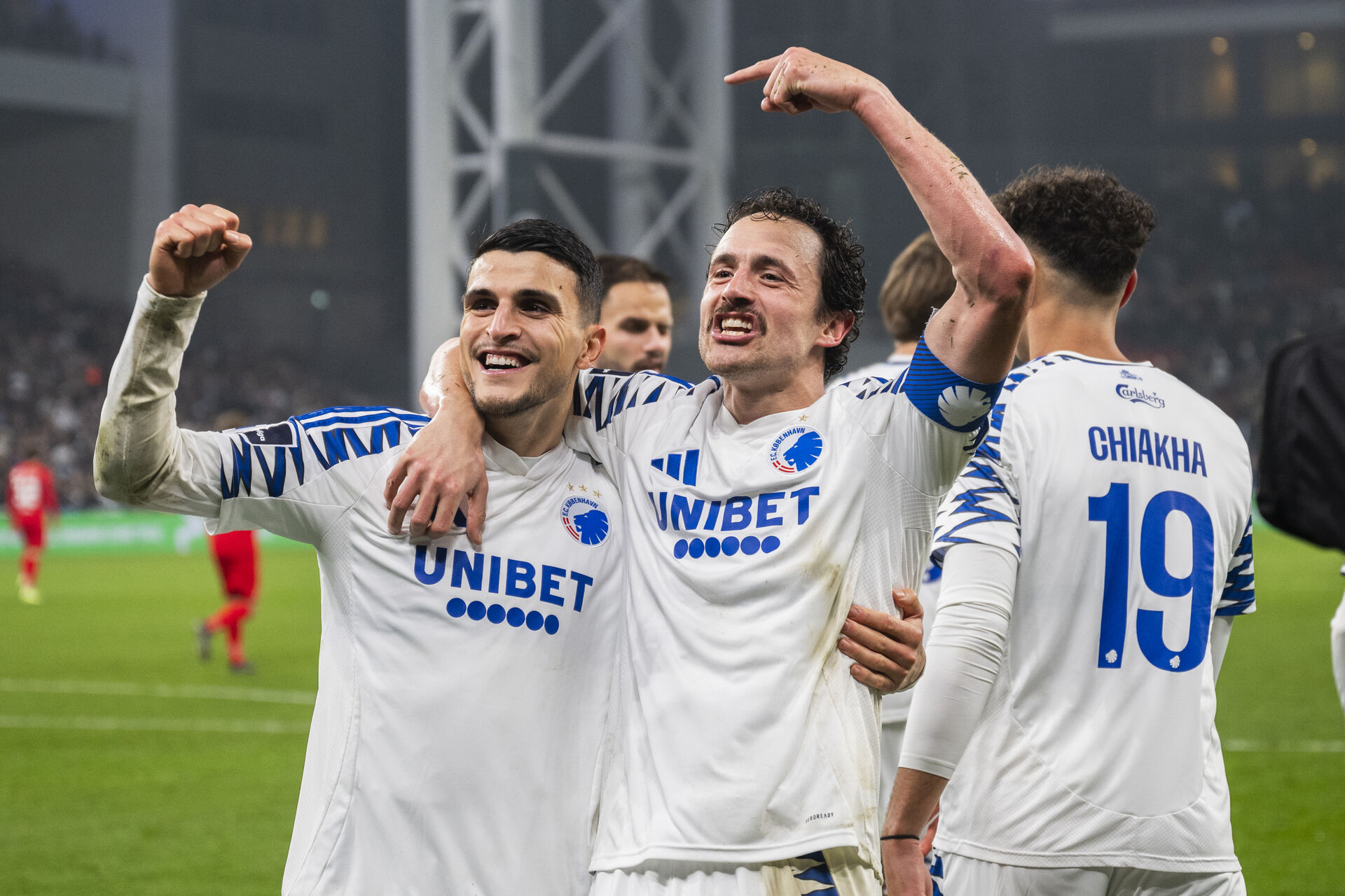 Superliga i Parken: FCK - FC Nordsjælland. FCKs Mohamed Elyounoussi (10), Thomas Delaney (27) og Amin Chiakha (19). Mandag den 2. december 2024.