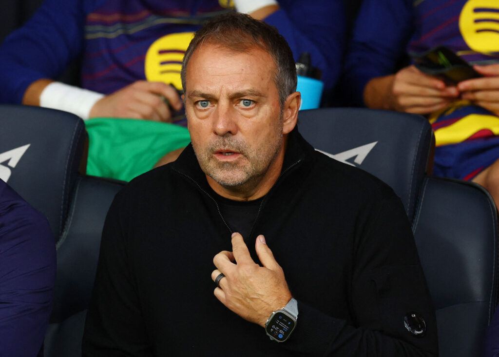 Soccer Football - LaLiga - FC Barcelona v Real Sociedad - Estadi Olimpic Lluis Companys, Barcelona, Spain - September 28, 2025 FC Barcelona coach Hansi Flick before the match REUTERS/Albert Gea