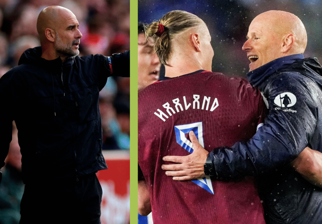 Pep Guardiola peger + Ståle Solbakken har armen på Erling Haalands ryg.