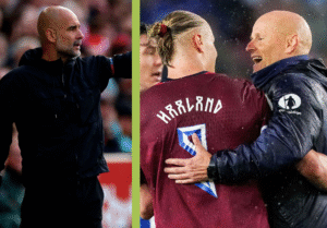 Pep Guardiola peger + Ståle Solbakken har armen på Erling Haalands ryg.