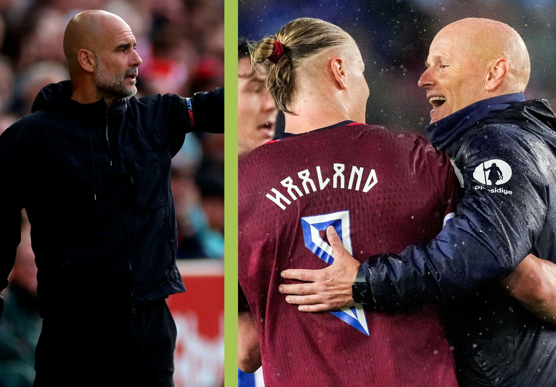Pep Guardiola peger + Ståle Solbakken har armen på Erling Haalands ryg.