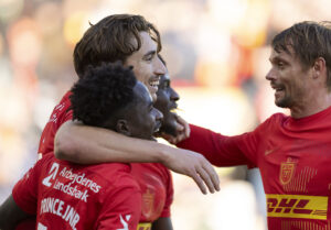 Alexander Lind, Prince Amoako, Peter Anksersen i FCN. Superliga: FC Nordsjælland - Randers FC