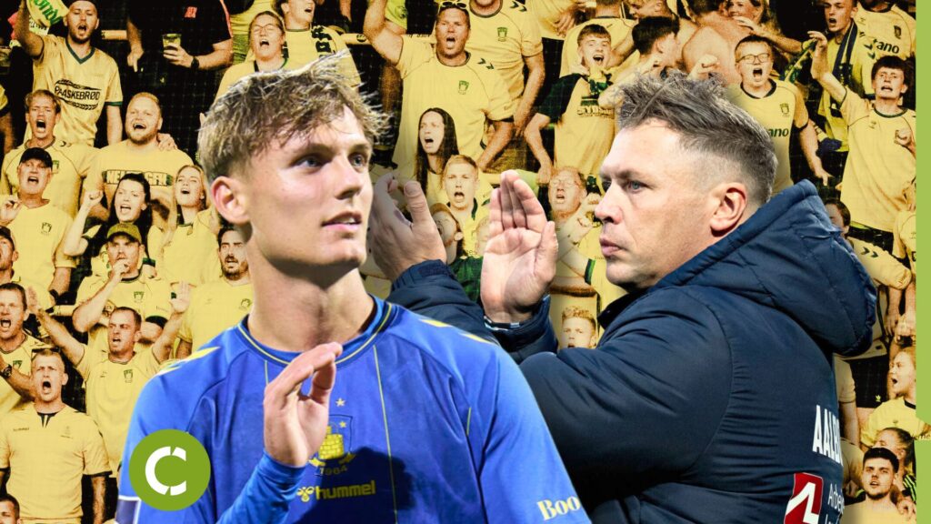 Collage med Lukas Larsen, Menno van Dam og Brøndbys fans