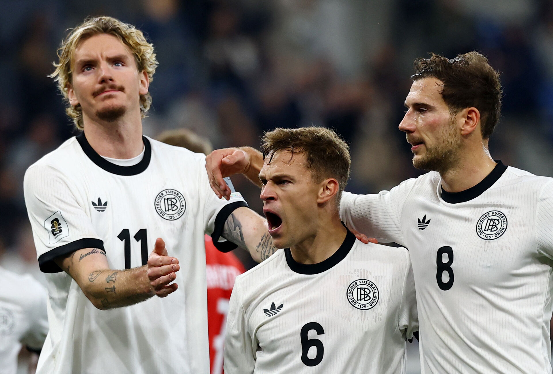 Tyskland fejrer en scoring ved Joshua Kimmich, Nick Woltemade og Leon Goretzka