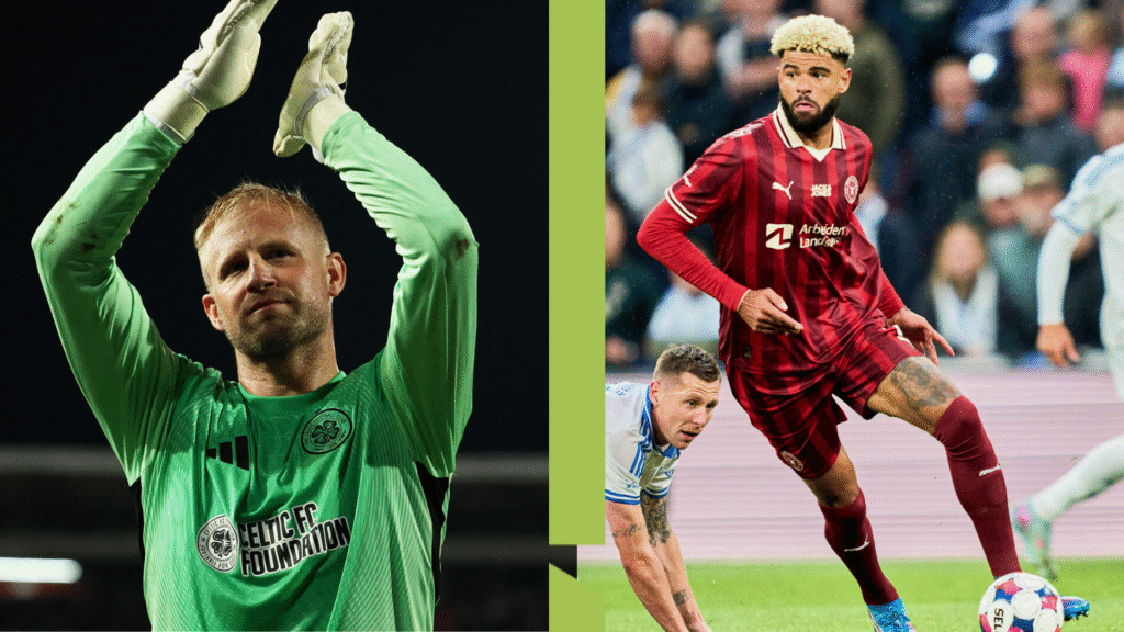 Schmeichel klapper og Billing dribler med bolden.