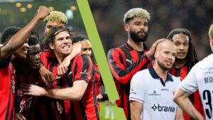 Mads Bech og Midtjylland jubler på den ene side, mens Phillip Billing og Nicolai Poulsen står sammen på den anden side.