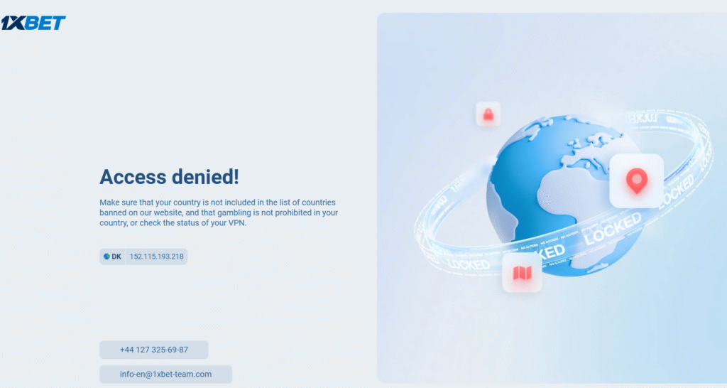 Skærmbillede af 1XBET's engelsksprogede site, når forsøger at tilgå det fra Danmark. 1XBET's site er blokeret i Danmark - men altså ikke fra at optræde som trøjesponsor til en Champions League-kamp i Parken.