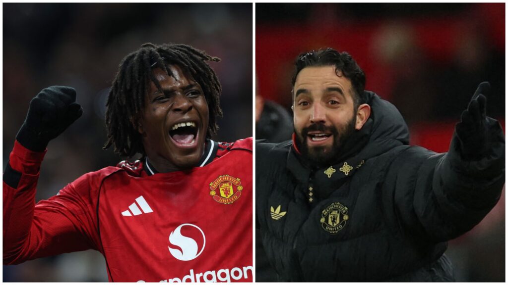 Patrick Dorgu jubler, Ruben Amorim råber i manchester United.