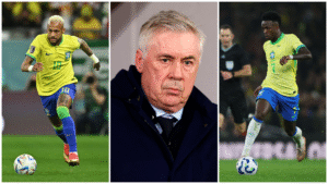 En collage af Vinicius Junior, Neymar og Carlo Ancelotti