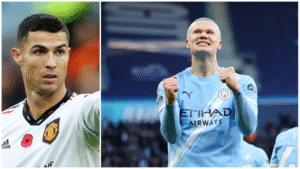 En collage af Cristiano Ronaldo og Erling Haaland.