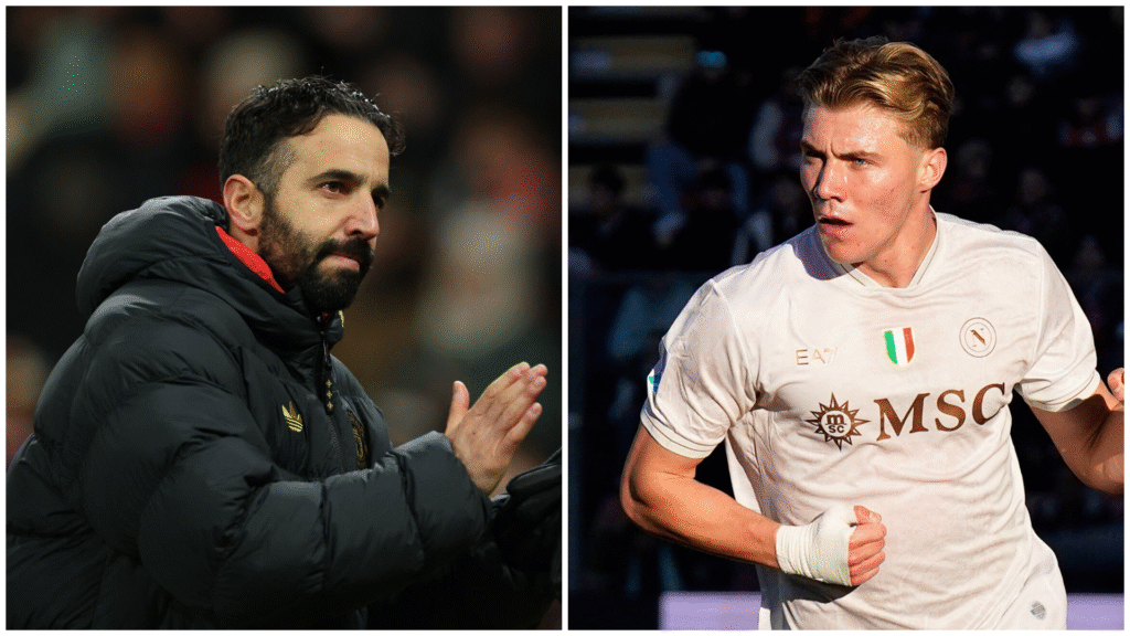 En collage af Ruben Amorim og Rasmus Højlund