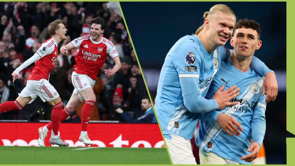 Arsenals Martin Ødegaard og Declan Rice og Manchester Citys Erling Haaland og Phil Foden