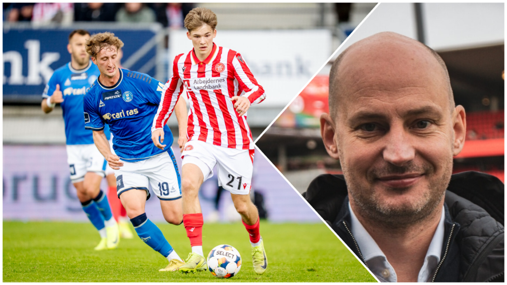 Mads Bolmholt i aktion for AaB. Indsat er et billede af John Møller.