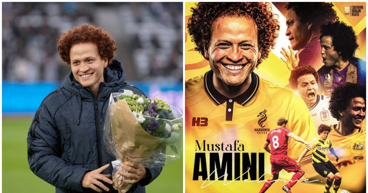 Afslører: Tidligere AGF-profil skifter klub Mustafa Amini har nu klubfremtiden på plads.
Foto: Bo Amstrup/Ritzau Scanpix og Nakhon Si United FC
Kollage: Campo