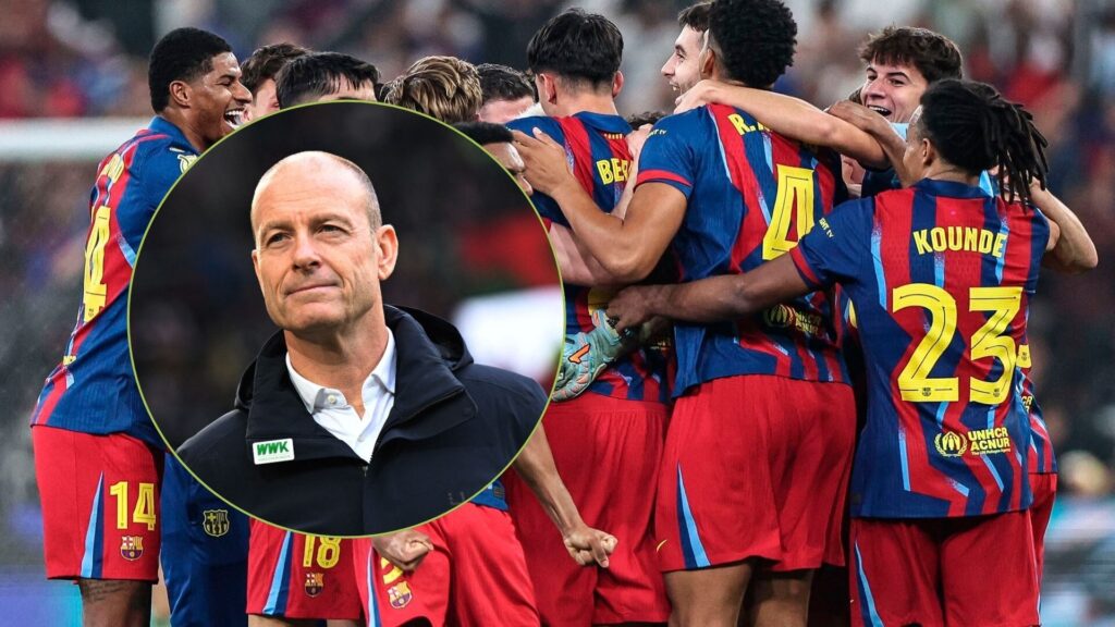 En collage af Jess Thorup og nogle FC Barcelona-spillere