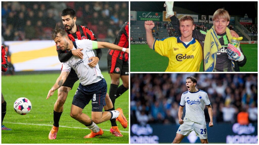 FCM's Martin Erlic i duel med AGF's Patrick Mortens samt Ebbe Sand, Mogens Krog og Robert Skov.