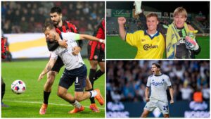 FCM's Martin Erlic i duel med AGF's Patrick Mortens samt Ebbe Sand, Mogens Krog og Robert Skov.