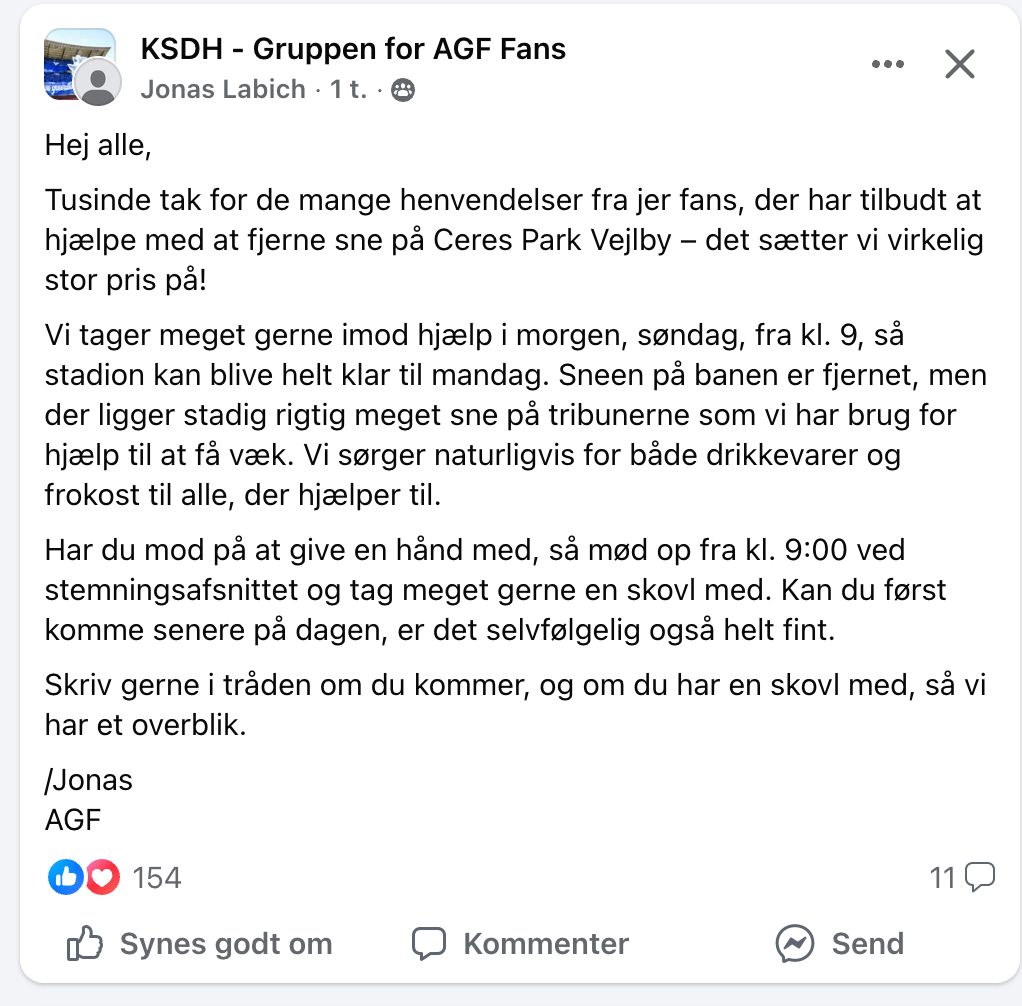 Opråb om hjælp til at rydde sne fra AGF.