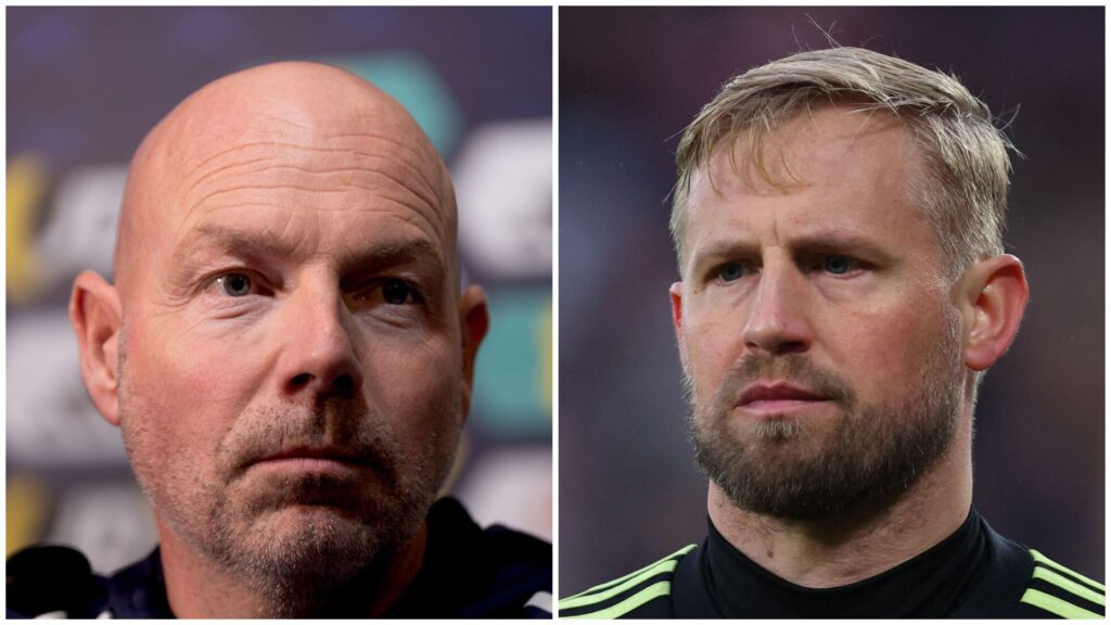 Brian Riemer side om side med landsholdsmålmand Kasper Schmeichel.