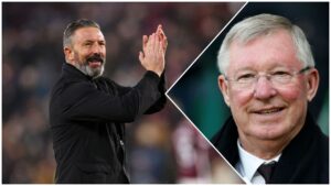 Derek McInnes med et billede af Sir Alex ferguson.