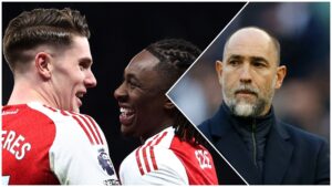 Eberezi Eze og Viktor Gyökeres fra Arsenal sammen med Igor Tudor.