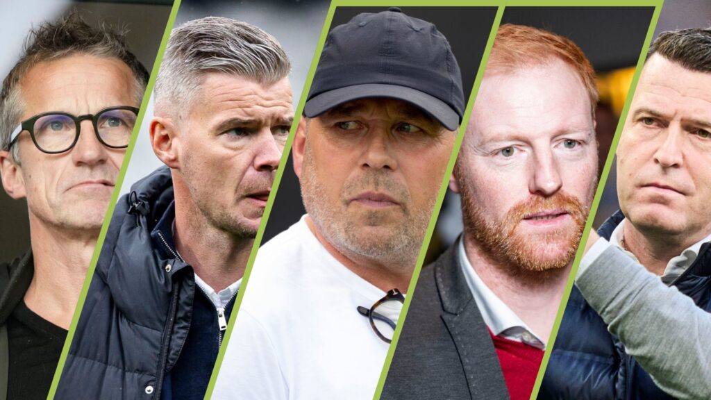 Collage med fem forskellige sportsdirektører fra Superligaen