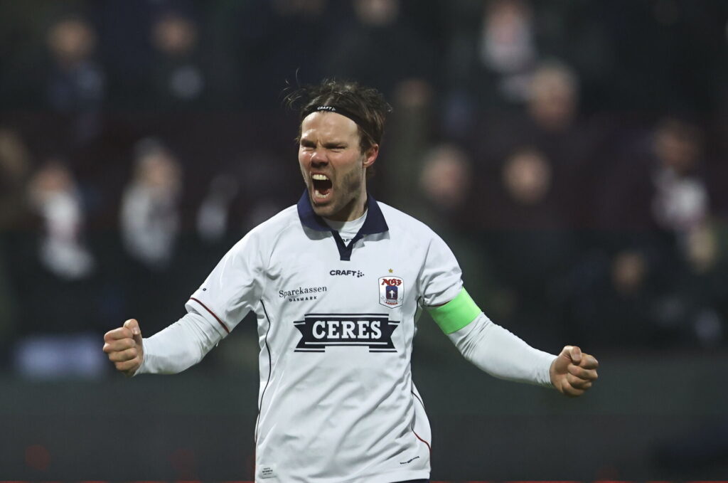 Patrick Mortensen jubler efter en AGF-scoring