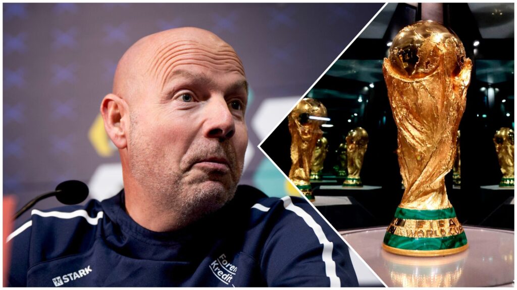 Den danske landstræner Brian Riemer og VM-trofæet.