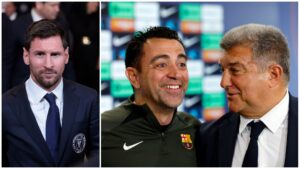 En collage af Lionel Messi, Xavi og Joan Laporta