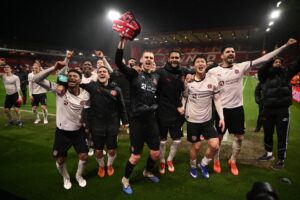 FC Midtjyllands spillere jubler efter sejren over Nottingham Forest.