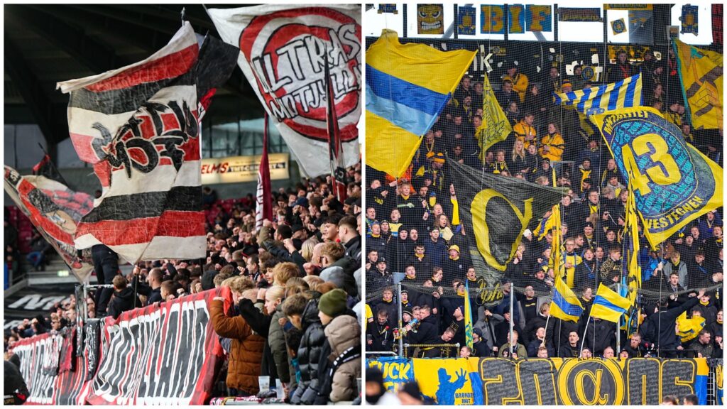En collage af FC Midtjyllands-fans og Brøndby IF