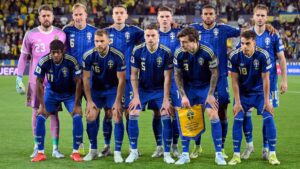 Sveriges landshold før kamp mod Ukraine.