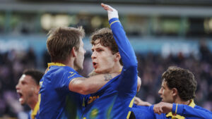 Brøndby IF's Jacob Ambæk fejrer sin scoring imod FC Nordsjælland