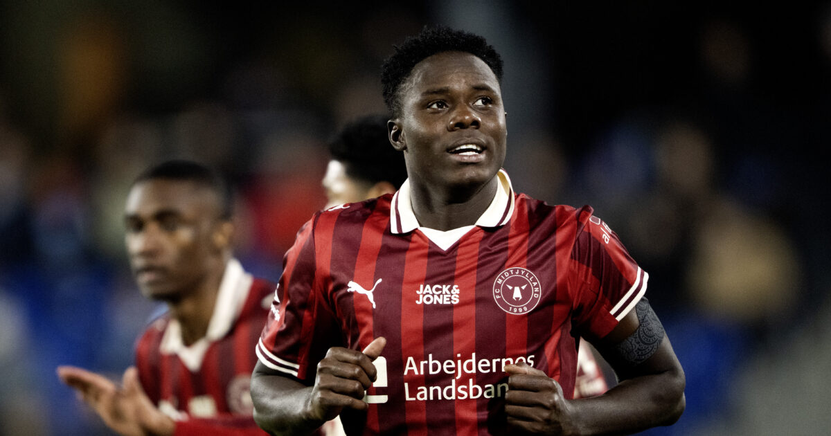 Superliga-topscorer kommer med kækt løfte FC Midtjyllands Dju Franculino reagerer, efter han har scoret til 1-0 under superligakampen mellem Randers FC og FC Midtjylland på Cepheus Park Randers søndag den 9. november 2025.