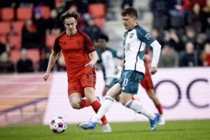 Mikkel Duelund under Vejle Boldklubs 2-2-kamp mod FC Fredericia.